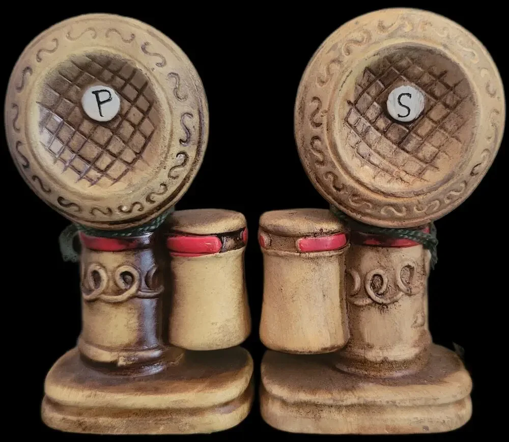 Vtg Candlestick Telephone Salt & Pepper Shakers 1800s Style Brown Ceramic